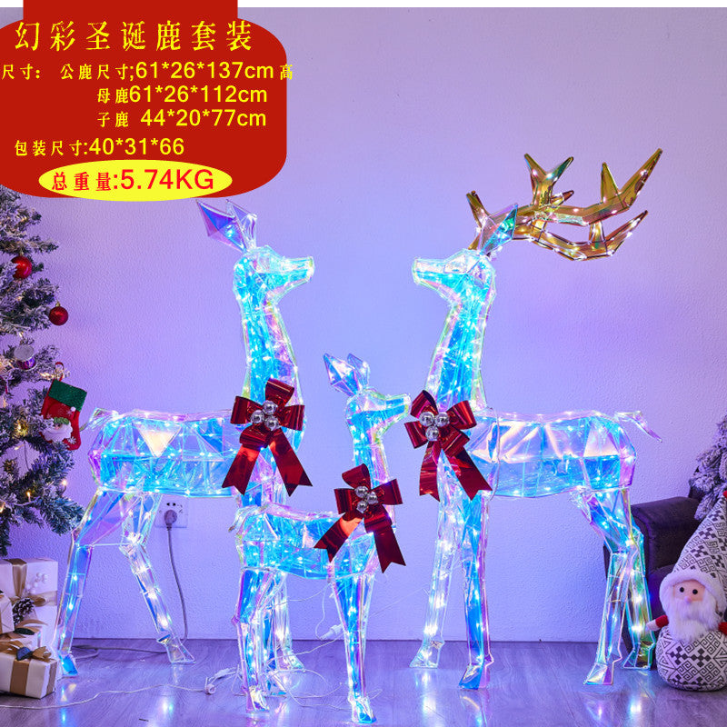 Christmas glowing deer decoration for shopping malls, outdoor wrought iron deer with lights, lawn and yard lighting, Christmas deer pulling a sleigh ornament.