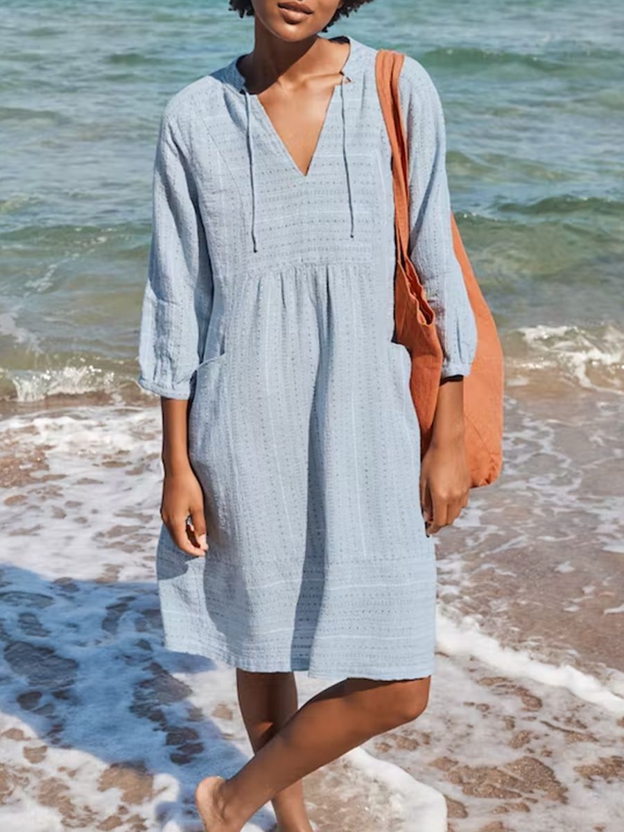 2026 Spring European and American New Jacquard Cotton and Linen Dress Amazon Hot Item V-neck Casual Loose Pocket Dress