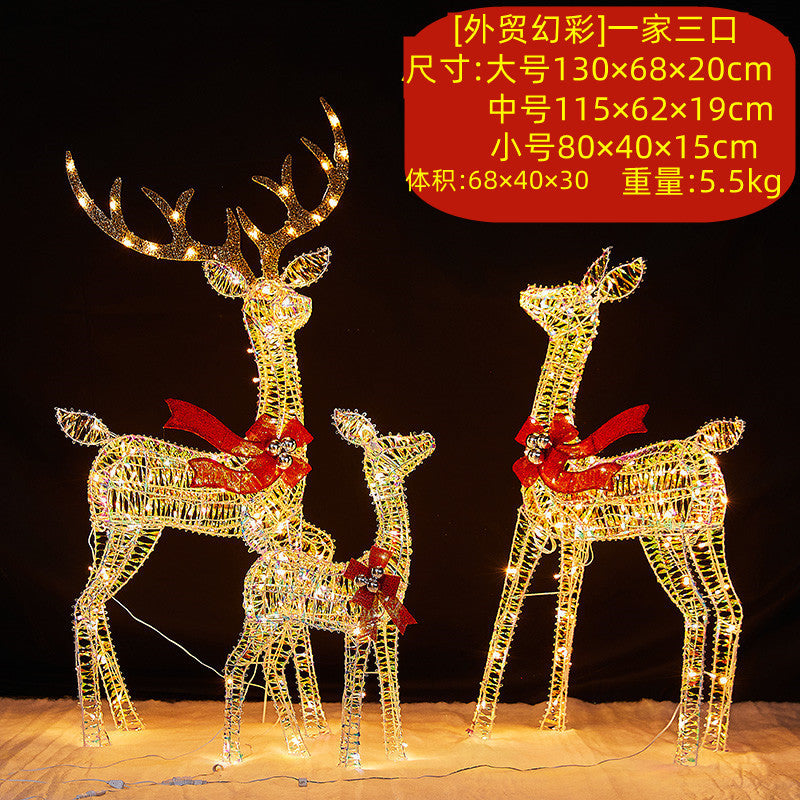 Christmas glowing deer decoration for shopping malls, outdoor wrought iron deer with lights, lawn and yard lighting, Christmas deer pulling a sleigh ornament.