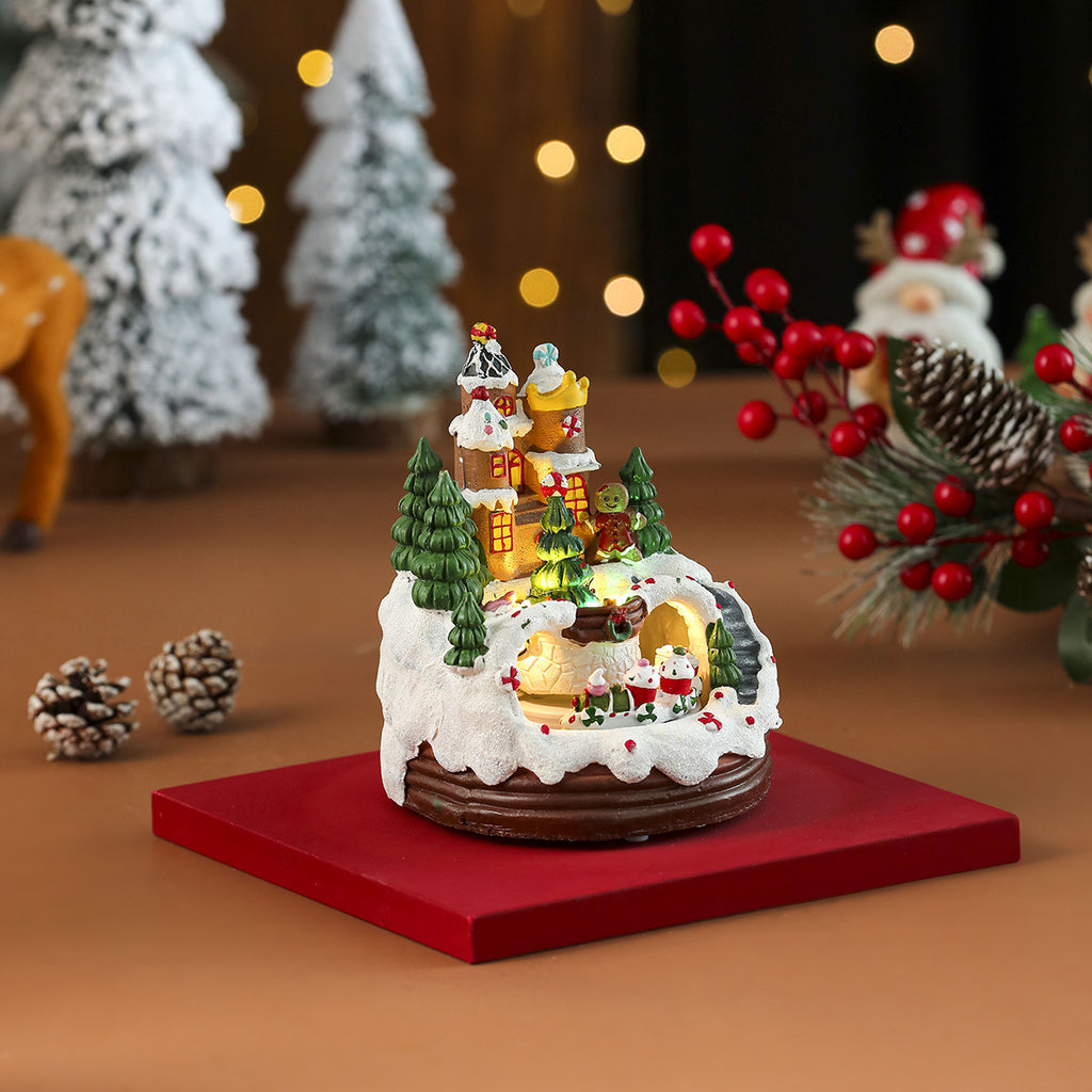 Multiple Christmas rotating resin light-up music box ornaments, rotating train decorations, Christmas gifts.