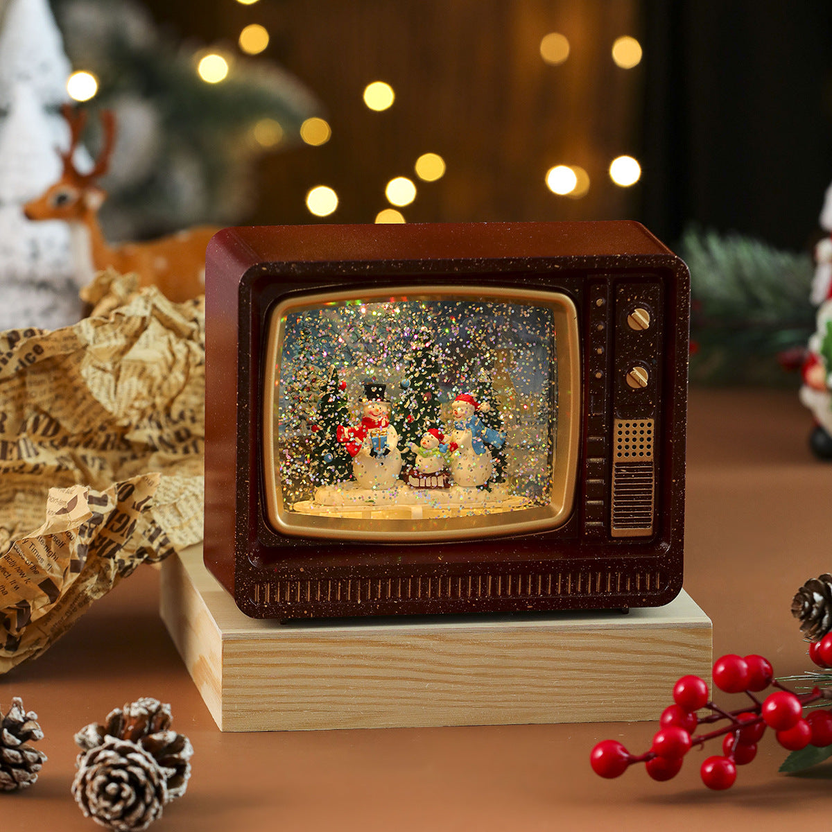 New Christmas Musical Snowflake Water-filled TV Night Light Gift Ornament Christmas Decoration Music Box