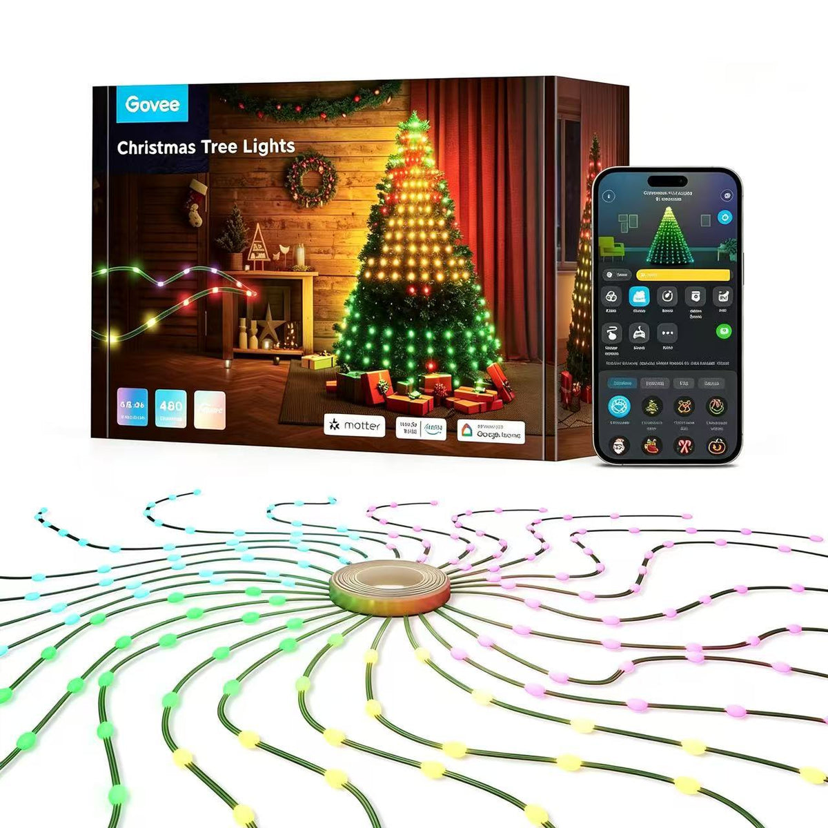 Christmas tree lights and string lights for holiday decorations, smart RGBIC tree lights, Halloween AIGC DIY light show LEDs