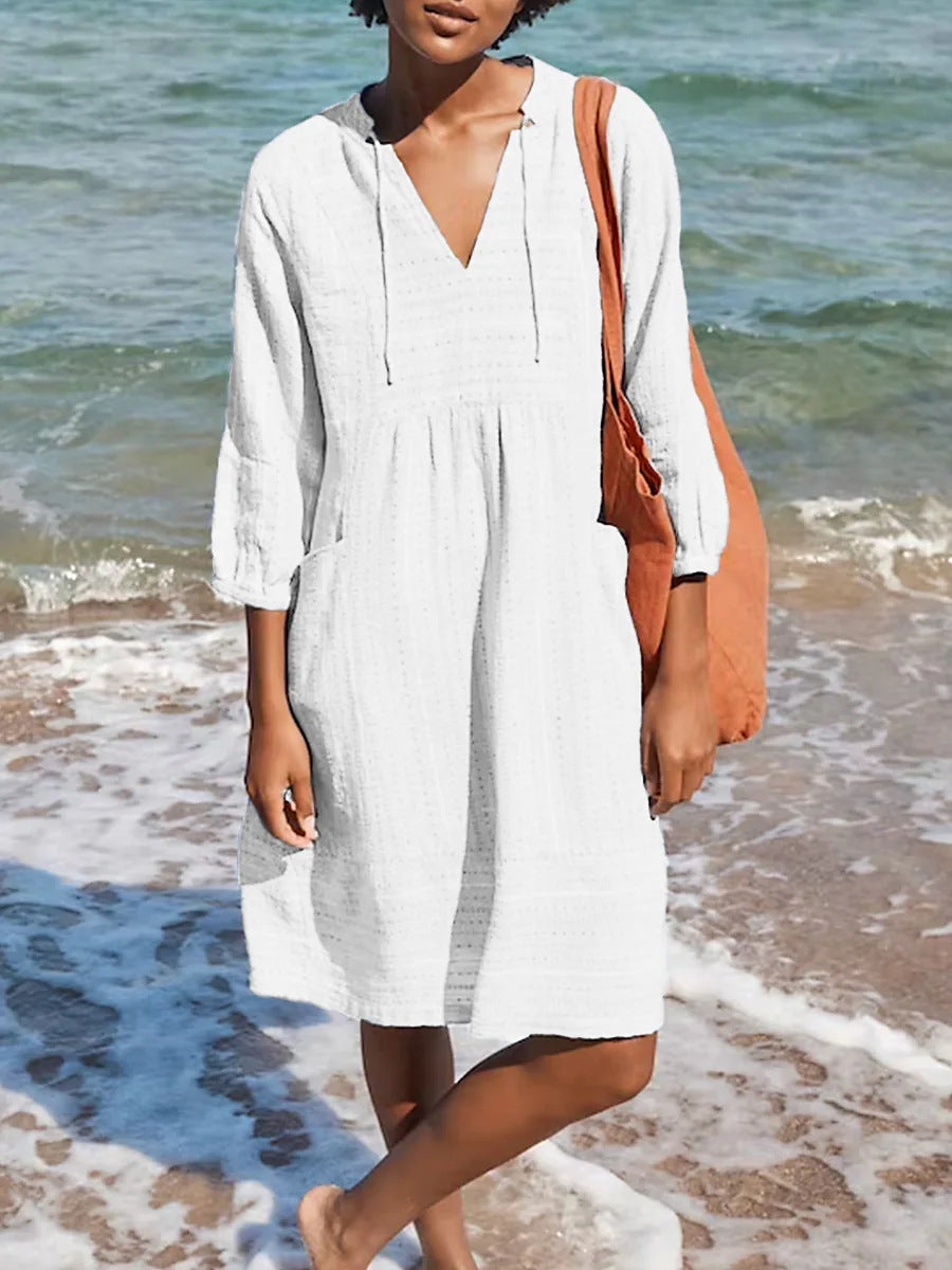 2026 Spring European and American New Jacquard Cotton and Linen Dress Amazon Hot Item V-neck Casual Loose Pocket Dress