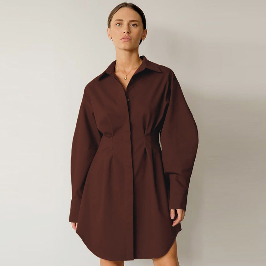 2026 spring women's French shirt skirt slim waist temperament slim long-sleeved slim European and American retro niche dress
