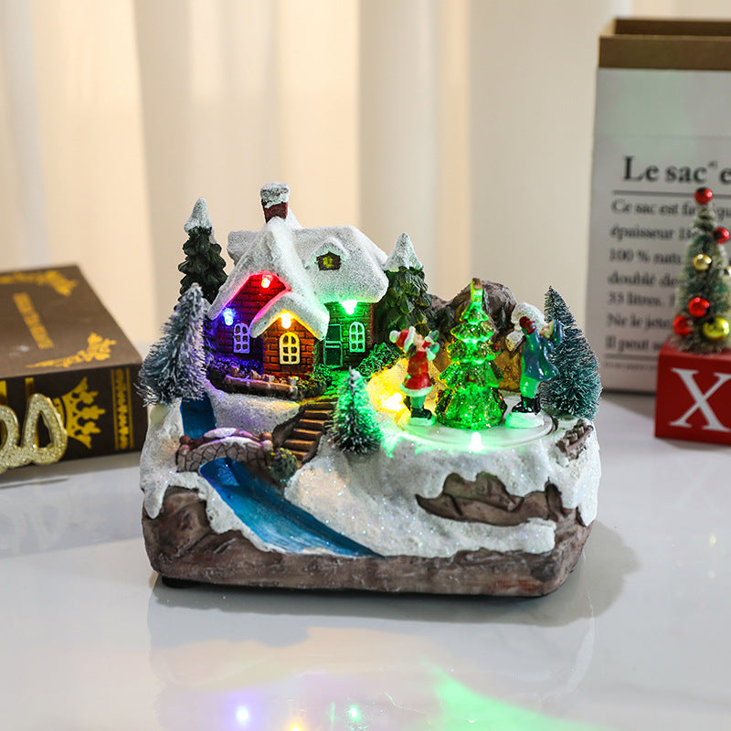 Multiple Christmas rotating resin light-up music box ornaments, rotating train decorations, Christmas gifts.