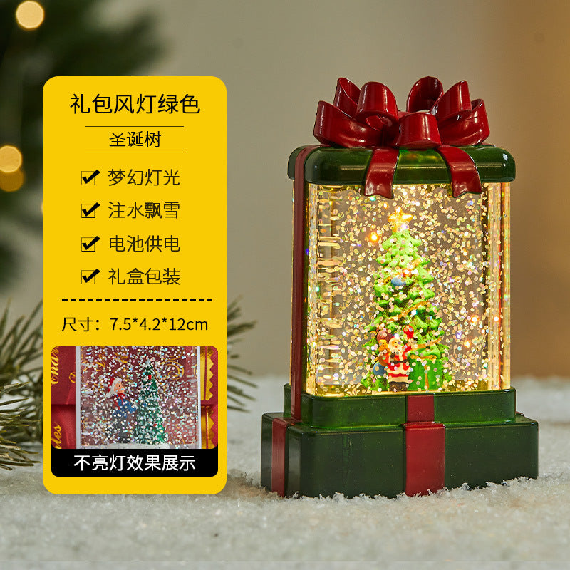 Christmas decorations, illuminated interior scene, water-filled flat round lanterns, electronic candles, flame lights, scene setup.