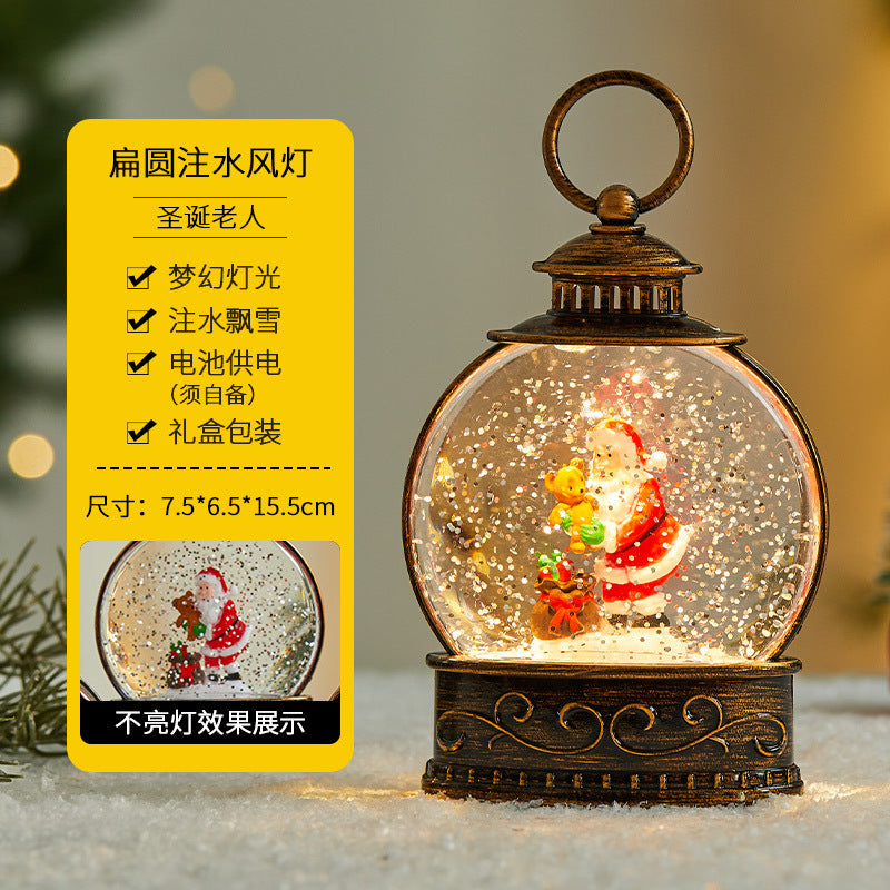 Christmas decorations, illuminated interior scene, water-filled flat round lanterns, electronic candles, flame lights, scene setup.