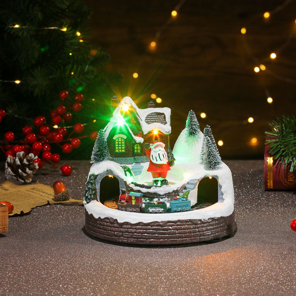 Multiple Christmas rotating resin light-up music box ornaments, rotating train decorations, Christmas gifts.