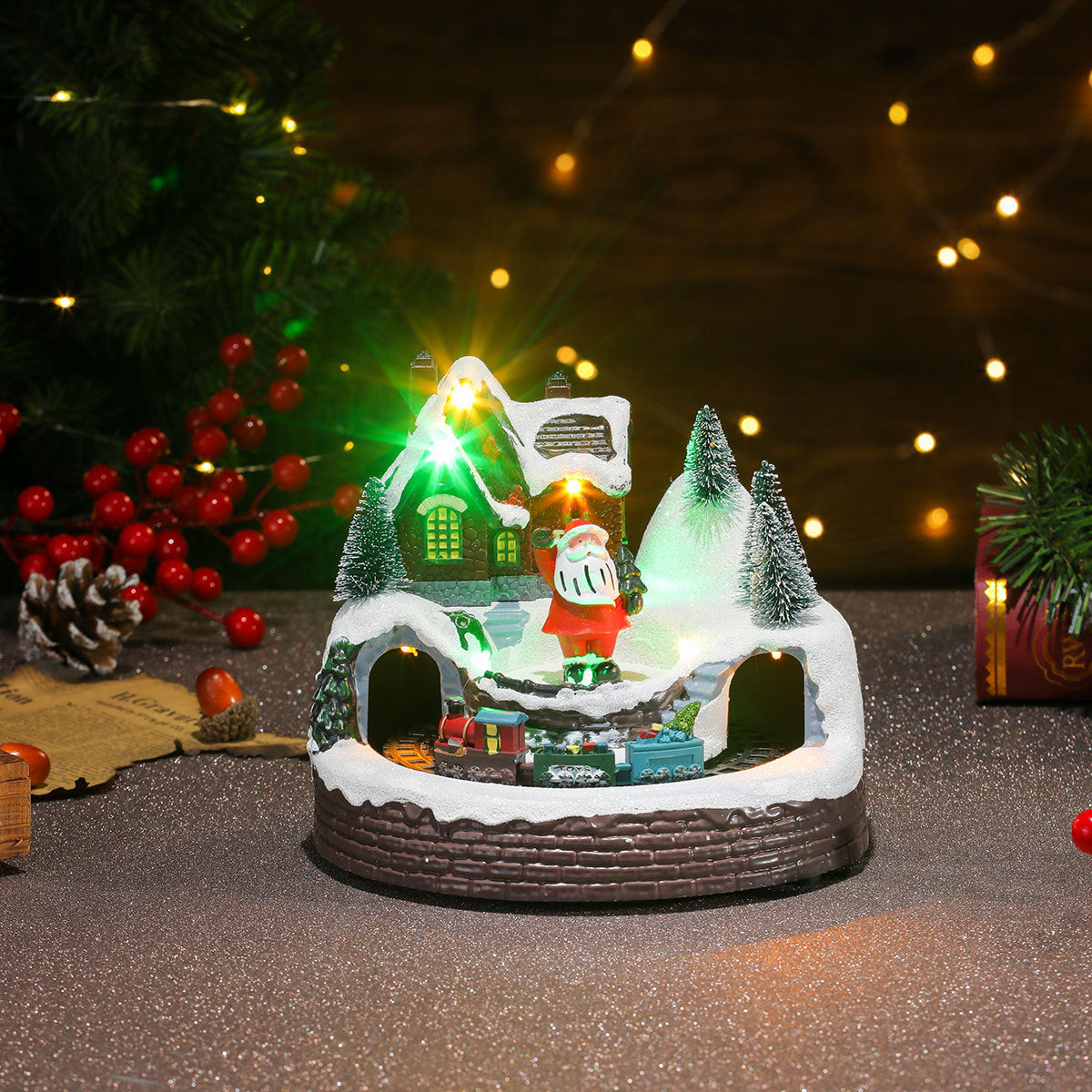 Multiple Christmas rotating resin light-up music box ornaments, rotating train decorations, Christmas gifts.