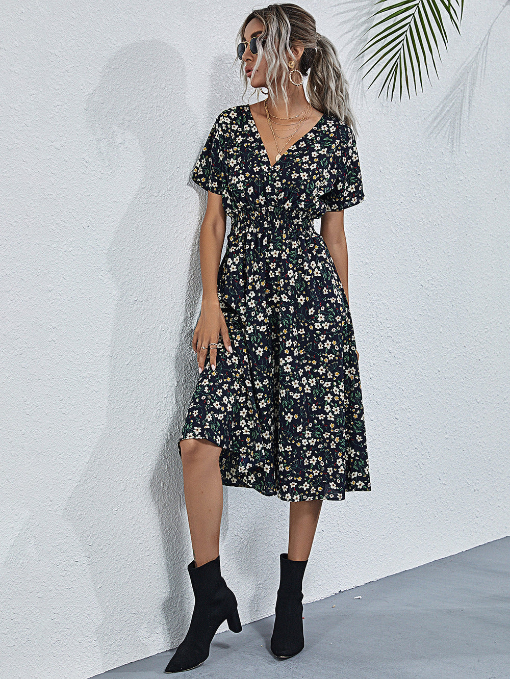 Amazon foreign trade women's clothing Europe and the United States Europe station cross-border summer small floral print short-sleeved dress