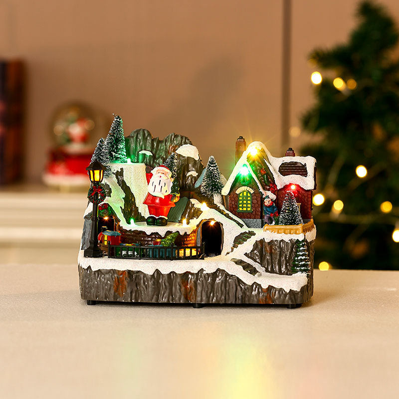 Multiple Christmas rotating resin light-up music box ornaments, rotating train decorations, Christmas gifts.