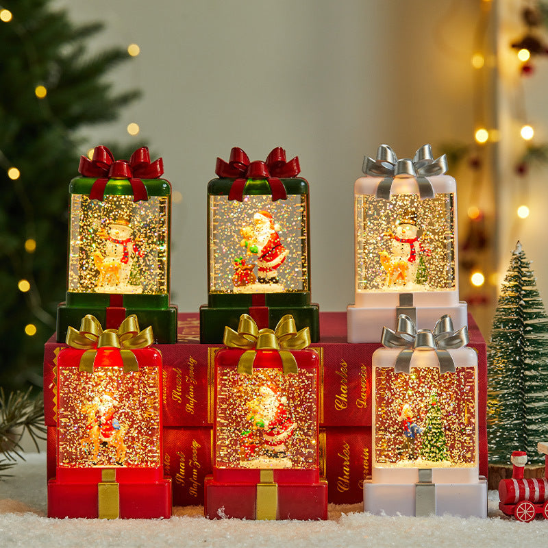 Christmas decorations, illuminated interior scene, water-filled flat round lanterns, electronic candles, flame lights, scene setup.