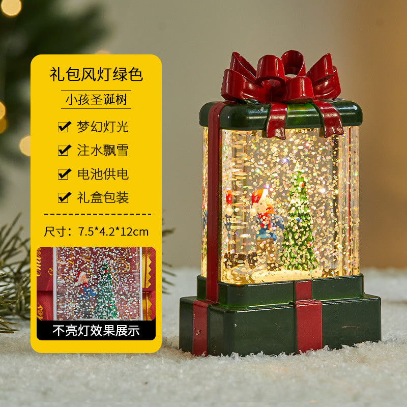 Christmas decorations, illuminated interior scene, water-filled flat round lanterns, electronic candles, flame lights, scene setup.